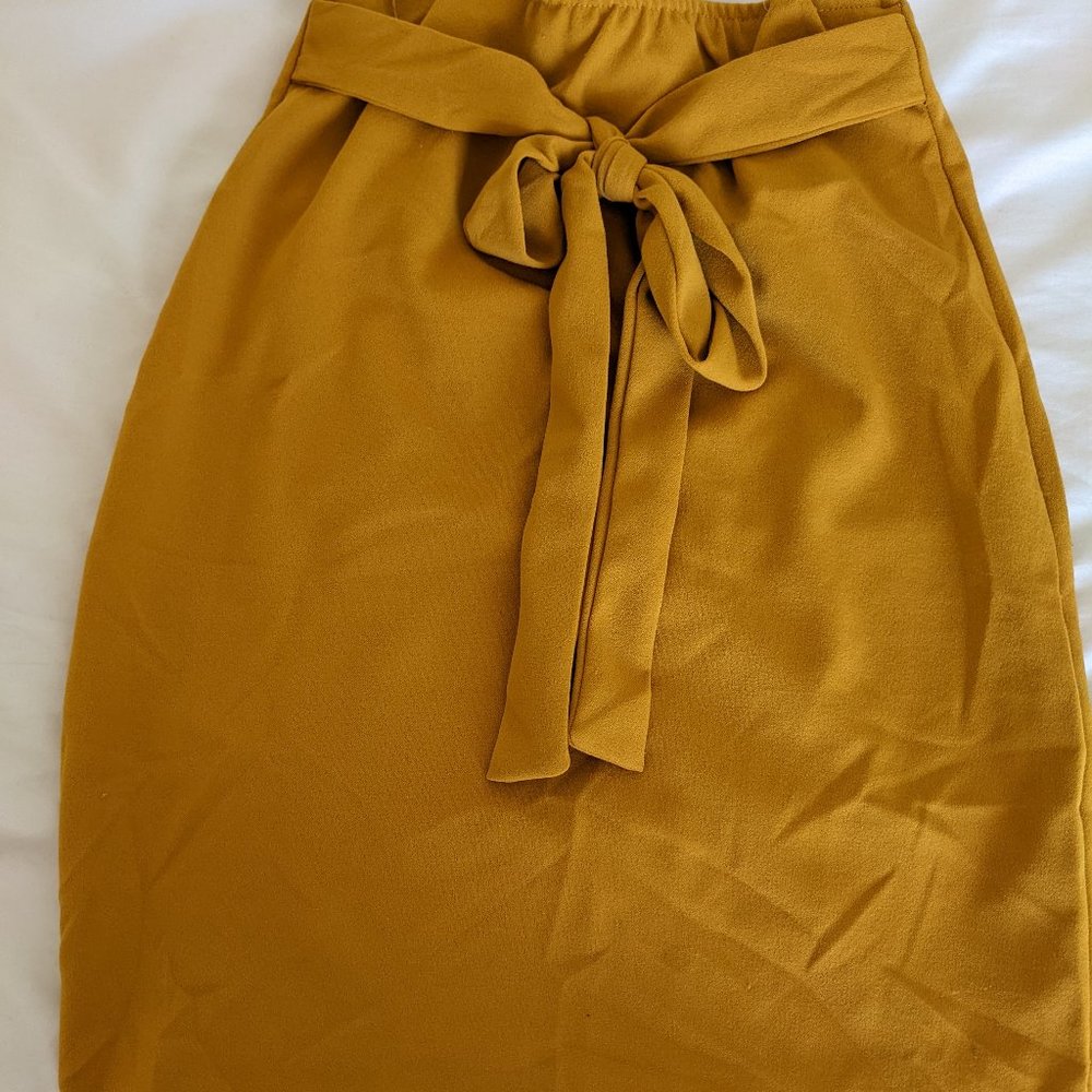 Mustard Pencil Skirt with Waist Tie
